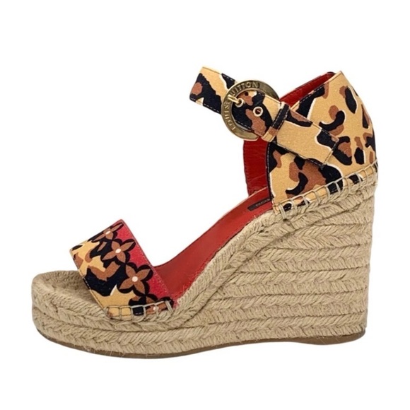 Louis Vuitton Sandals Brown Multicolor Canvas Leopard Print Wedge Sole Size 36 - Picture 3 of 13